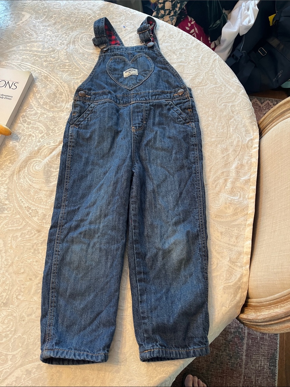 OshKosh B'gosh Blue Denim Kids Overalls with Heart Bib 4T Girl. Lined. EUC!